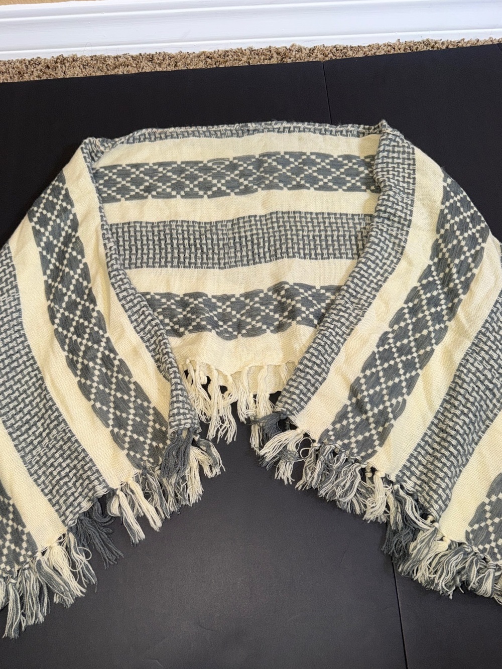 Free People Woven Fringe Shawl Scarf in Cream and Gray